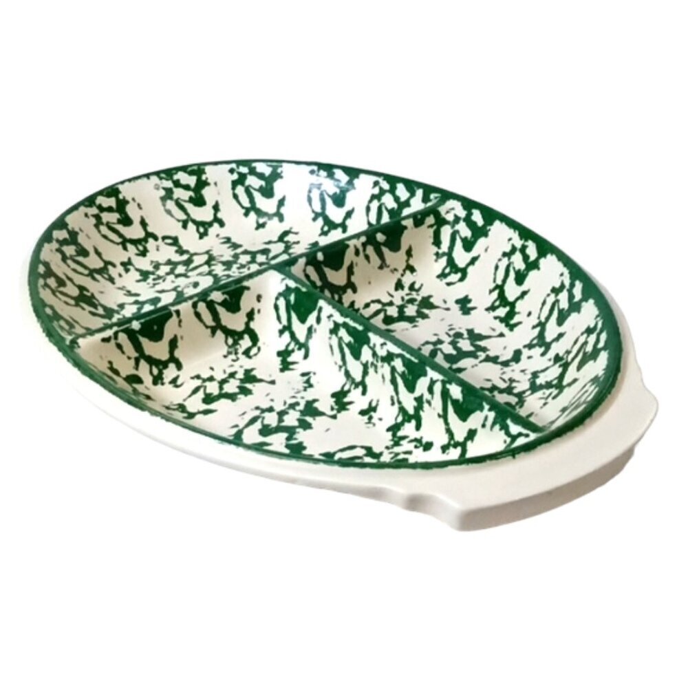 Green & White Country Kitchen 17" Divided Serving Dish, Unbranded, Spongeware??
